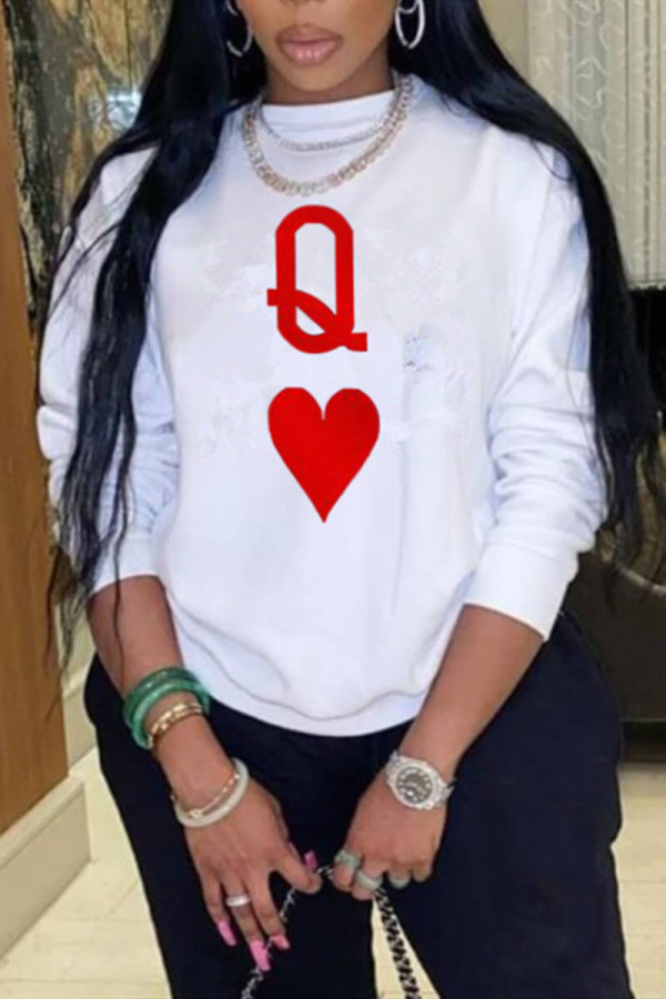 White Fashion Casual Letter Print Basic O Neck Tops