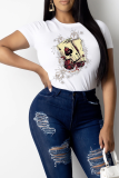 Red Casual Character Patchwork O Neck Tops