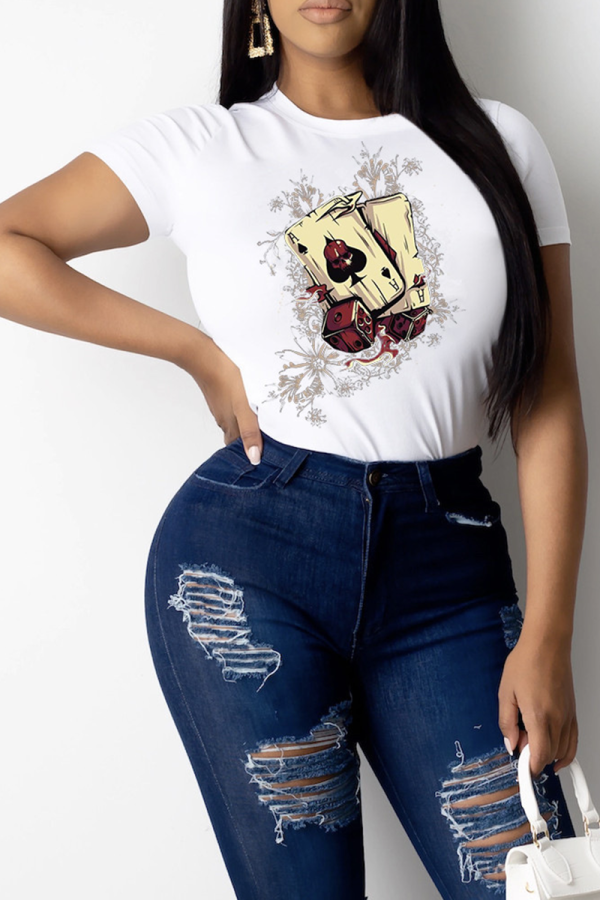 White Casual Character Patchwork O Neck Tops