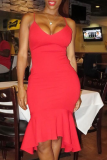 Red Sexy Solid Patchwork Spaghetti Strap Irregular Dress Dresses