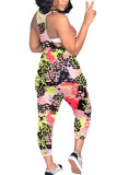 rose red Fashion Casual Print Sleeveless V Neck Jumpsuits