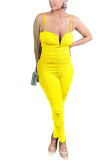 Yellow Fashion Light Solid Draped Sleeveless V Neck Jumpsuits