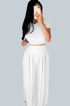 White Casual Polyester Solid Split Joint O Neck Short Sleeve Short Two Pieces