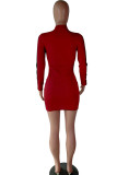 Wine Red Polyester Sexy Cap Sleeve Long Sleeves Hooded Step Skirt Knee-Length chain Patchwork Solid