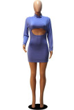 purple Sexy Polyester Solid Hollowed Out O Neck Long Sleeve Mini Pencil Skirt Dresses