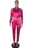 rose red Fashion Sexy Adult Polyester Solid Split Joint Turndown Collar Long Sleeve Regular Sleeve Regular Two Pieces