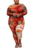 tangerine Polyester Fashion Casual adult Ma'am O Neck Tie Dye Two Piece Suits Stitching Plus Size