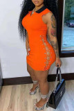 Orange Fashion Sexy Solid Hollowed Out Turndown Collar Sleeveless Dress