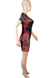Red Sexy Print Mesh O Neck Short Sleeve Two Pieces