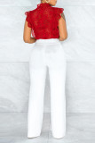 Red Fashion Sexy Solid Hollowed Out See-through O Neck Skinny Bodysuits