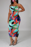 Colour Sexy Print Backless Halter Pencil Skirt Dresses