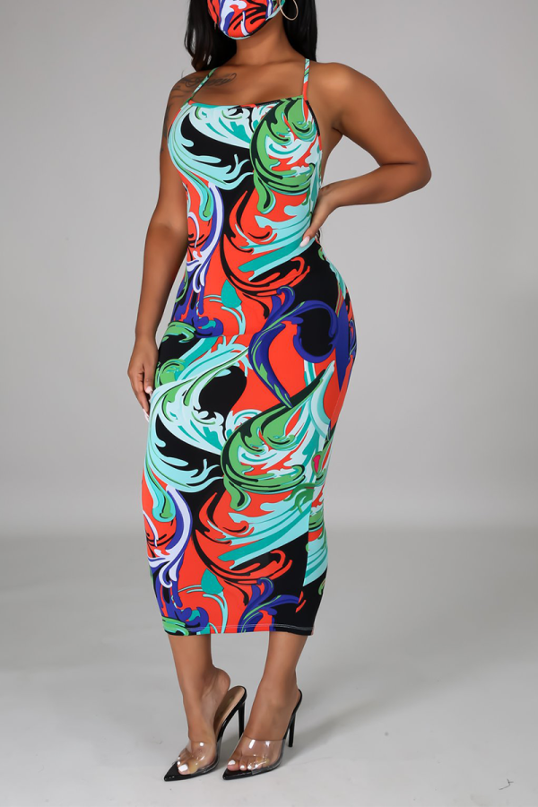 Colour Sexy Print Backless Halter Pencil Skirt Dresses