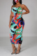 Colour Sexy Print Backless Halter Pencil Skirt Dresses