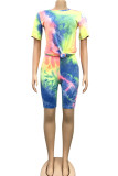 Fluorescent green Spandex Fashion Casual adult Ma'am O Neck Geometric Tie Dye Two Piece Suits Stitching Plus Size