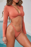 Deep Pink Sexy Solid Split Joint With Bow Swimwears