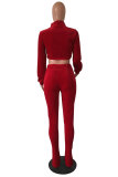 Red Polyester Drawstring Long Sleeve Mid Solid Pants Two-piece suit