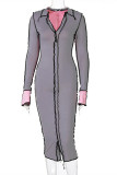 Grey Fashion Sexy Solid Patchwork V Neck Long Sleeve Dresses