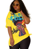 Yellow White Blue Green Pink Yellow Polyester O Neck Short Sleeve Print head portrait Tops