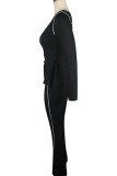 Black Polyester Sexy Europe and America Patchwork Solid asymmetrical Straight Long Sleeve Two Pieces