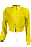 Yellow Fashion Casual Adult Solid Frenulum O Neck Tops