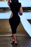 Black Sexy Solid Hollowed Out Turtleneck Pencil Skirt Dresses