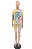 Pink Casual Patchwork Tie-dye O Neck Short Sleeve Two Pieces