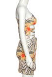 Yellow Street Print Hollowed Out Patchwork Oblique Collar Long Sleeve Mini Pencil Skirt Dresses