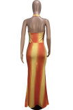 Yellow Polyester Fashion Sexy Tank Sleeveless Halter Neck Step Skirt Ankle-Length backless Print Ombre Patc