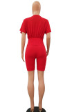Red Cotton Fashion Casual adult Ma'am Patchwork Solid Two Piece Suits pencil Short Sleeve Two Pieces