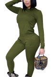 Army Green Casual Polyester Solid O Neck Long Sleeve Regular Sleeve Short Two Pieces