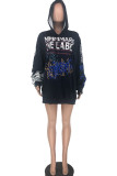 Black Casual Street Polyester Letter Print Draw String Pullovers Hooded Collar Tops