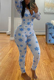 Blue Daily Print V Neck Skinny Jumpsuits