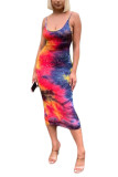 Red Fashion Sexy adult Red Blue Off The Shoulder Sleeveless Slip Pencil Dress Mid-Calf Print Patchwork backless Tie and dye Dresses