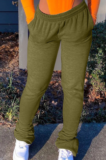 Green Casual Solid Fold Straight Mid Waist Straight Bottoms