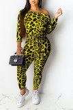 Lemon Yellow Print Leopard With Belt Oblique Collar Regular Jumpsuits