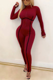 Wine Red Fashion Casual Solid Patchwork Half A Turtleneck Skinny Jumpsuits