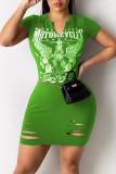 Cyan Fashion Sexy Print Ripped V Neck Short Sleeve Dress