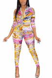 multicolor Fashion Sexy Adult Print V Neck Skinny Jumpsuits