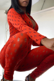 Red Sexy Solid Ripped Zipper Collar Skinny Jumpsuits