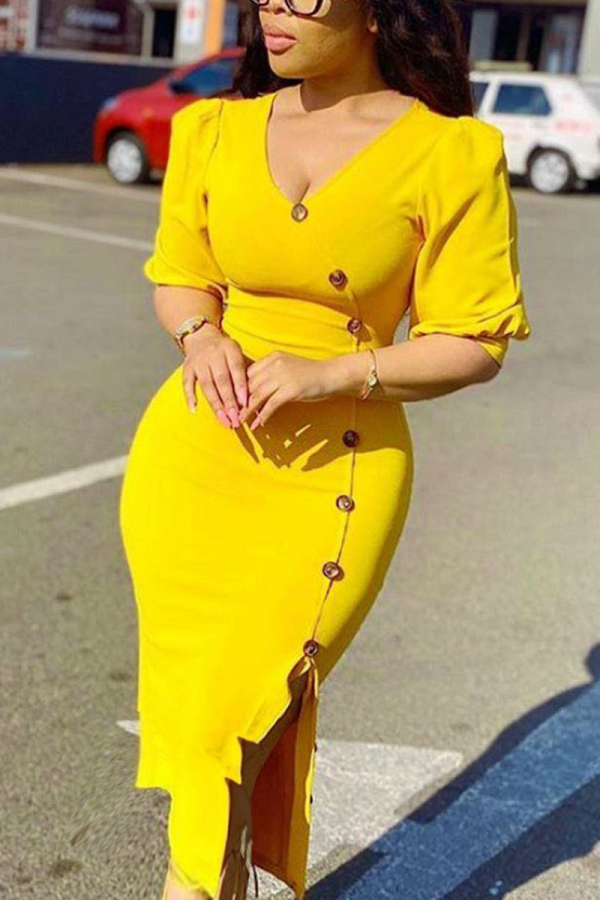 Yellow Casual Solid Buttons V Neck A Line Dresses