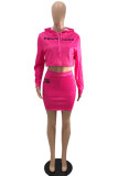 Rose Red Casual Print Solid Hooded Collar Long Sleeve Two Pieces