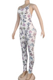 White Sexy Fashion Print Backless Milk. Sleeveless O Neck Jumpsuits