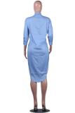 Light Blue adult Casual Fashion Cap Sleeve Long Sleeves Turndown Collar A-Line Mid-Calf Colouring Pri