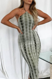 Blue Sexy Print Patchwork Halter Pencil Skirt Dresses