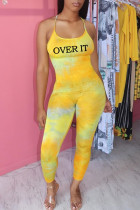Yellow Fashion Sexy Print Patchwork letter Tie-dyed Backless Polyester Sleeveless Slip Jumpsuits