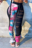 Black Fashion Casual Patchwork Print Ripped Regular High Waist Trousers