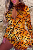 Gold Sexy Print Hollowed Out V Neck Pencil Skirt Dresses