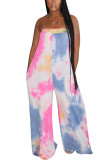 Blue Fashion Sexy Tie-dyed Cotton Sleeveless Wrapped Jumpsuits