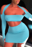Blue Casual Solid Split Joint Half A Turtleneck Long Sleeve Two Pieces