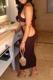 Coffee Sexy Solid Hollowed Out Halter Sleeveless Two Pieces
